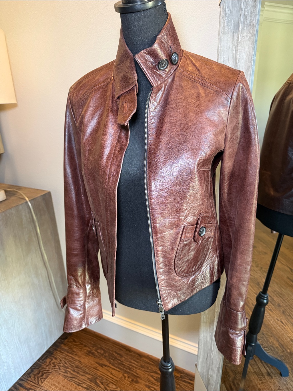 Cognac Brown Leather Zip Jacket